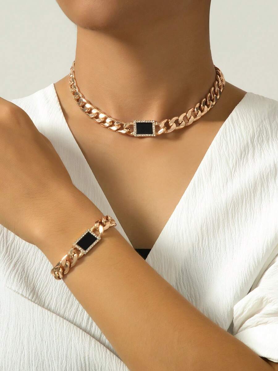 1入組女士優雅鑲鑽手鏈和1入組黑色空心方形吊墜派對時尚金屬貼頸套裝 - 銀色 - 查看 1