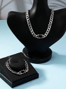 1入組女士優雅鑲鑽手鏈和1入組黑色空心方形吊墜派對時尚金屬貼頸套裝 - 銀色 - 查看 6
