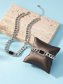 1入組女士優雅鑲鑽手鏈和1入組黑色空心方形吊墜派對時尚金屬貼頸套裝 - 銀色 - 查看 7
