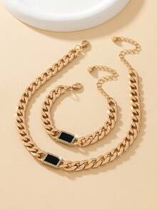 1入組女士優雅鑲鑽手鏈和1入組黑色空心方形吊墜派對時尚金屬貼頸套裝 - 銀色 - 查看 4