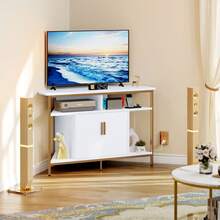 Modern Corner TV Stand For 55 Inch With Power Outlets Entertainment Center White - White - View 3