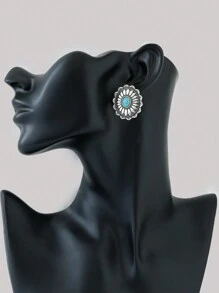 1對復古風格雕刻幾何形狀耳釘 - 復古銀色 - 查看 4