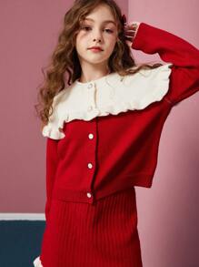 Cô gái Tween Dày lên Khối màu Áo len Mở Và Váy dệt kim 2 cái/bộ , Giữ Ấm - Đỏ - Xem 9