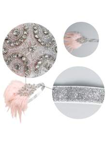 1pc 1920s Gatsby Flapper Style Silver Rhinestone & Glitter Pink Feather Headband Vintage - Pink - View 3