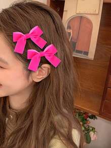 2 件組多巴胺天鵝絨蝴蝶結髮夾瀏海髮夾 - 玫紅色 - 查看 1