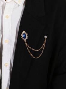 Fashionable and Popular Men Gemstone Decor Chain Lined Brooch Alloy for Jewelry Gift and for a Stylish Look - Royal Blue - View 2