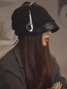 1頂女士黑色pu皮革邊針織帽,冬季保暖,護耳,適用於日常使用 - 黑色 - 查看 1