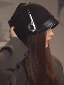 1頂女士黑色pu皮革邊針織帽,冬季保暖,護耳,適用於日常使用 - 黑色 - 查看 2