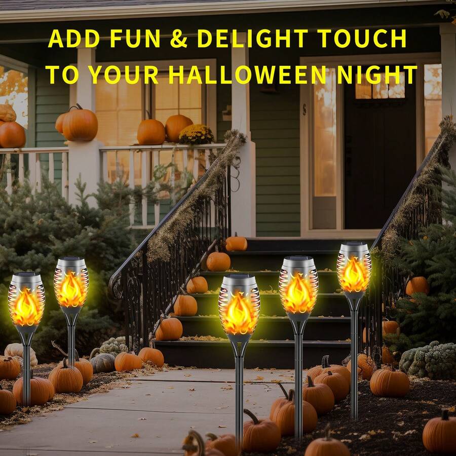Solar Torch Flame Lights, Multiple Solar Halloween Lights Outdoor Flickering Flames, Solar Powered Waterproof Pathway Lights Landscape Decor Lighting Suitable For Garden, Lawn, Yard, Halloween Decorations - Yellow - View 1