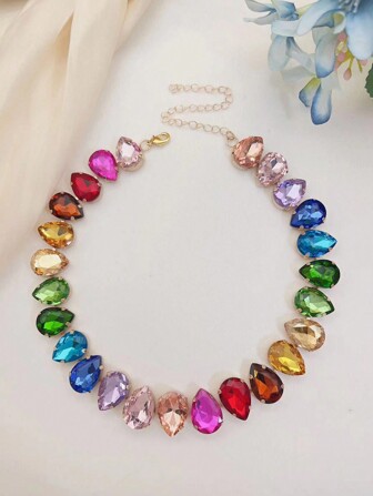 1pc Glass Crystal Heart Teardrop Necklace, Glamorous Colorful Jewel For Party, Light Surface Defects Are Normal