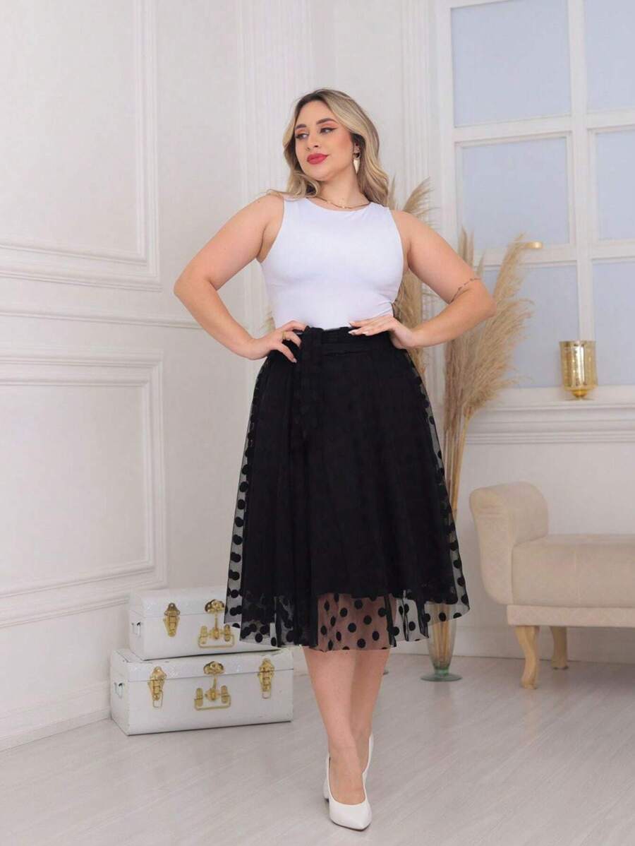 Falda De Tul Poá Midi Amplia Con Diseño Circular, Moda Evangélica Femenina - Negro - Ver 1