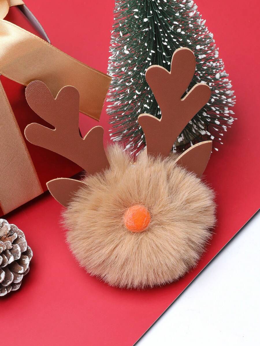 1個可愛的鹿角毛球鑰匙扣/毛絨汽車包鑰匙掛件/ Pu皮革聖誕飾品毛球鑰匙扣/帽子吊墜聖誕禮物