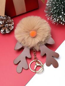 1個可愛的鹿角毛球鑰匙扣/毛絨汽車包鑰匙掛件/ Pu皮革聖誕飾品毛球鑰匙扣/帽子吊墜聖誕禮物