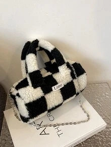 Plush Color Block Handbag Crossbody Chain Bag Ins Niche Design Plus Fleece Thick Mini Cylindrical Bag - Black and White - View 1