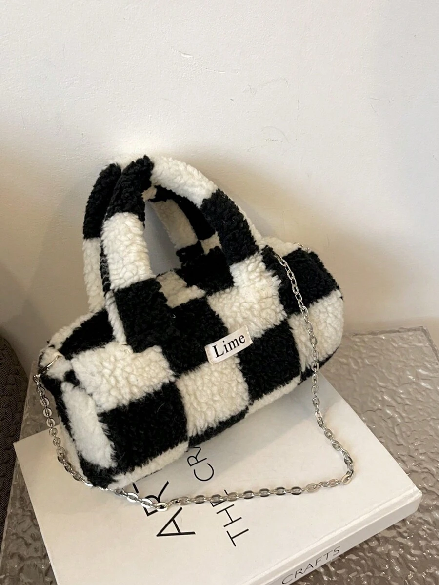 Plush Color Block Handbag Crossbody Chain Bag Ins Niche Design Plus Fleece Thick Mini Cylindrical Bag - Black and White - View 1