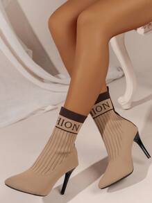 女士弹力袜靴，适合秋冬季节，尖头细高跟，韩版休闲时尚踝靴，节日穿着也合适。 - 卡其色 - 查看 1