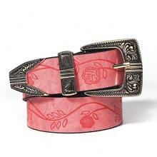 1個粉色復古埃及風格的帶子,帶有扣子,砂漿花印花腰帶,適用於夏季襯牛仔褲配飾 - 粉色 - 查看 5