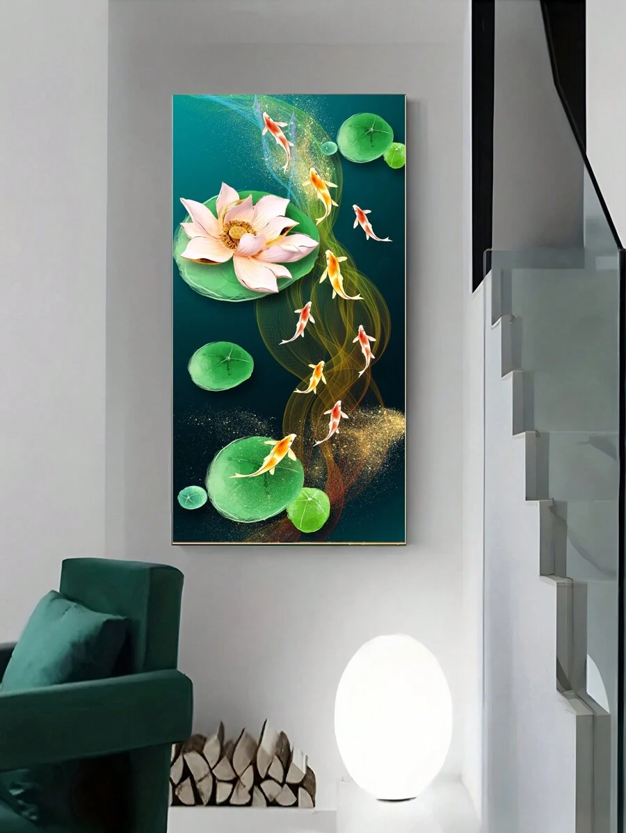 1張復古帆布牆藝,中式紅色錦鯉好運魚油畫海報,適用於牆面裝飾