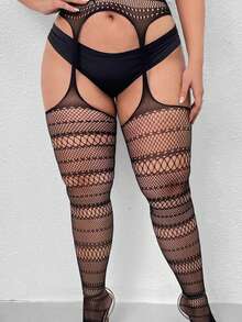 Tất lưới gợi cảm cho nữ cỡ lớn Tất lưới gợi cảm ren rỗng có dây đeo một mảnh tất hở - màu đen - Xem 2