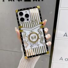 1入款白色鑲嵌方形復古蝴蝶＆戒指支架設計時尚手機殼（適用於蘋果，三星等品牌），適用於商務女性、男性，防摔