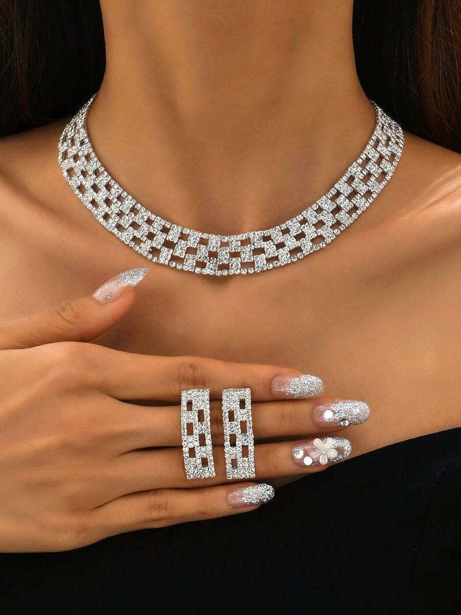 女士婚禮禮服珠寶套裝,全鑲高級水晶鑽石銀鏈項鍊和流蘇耳環的婚禮新娘派對珠寶禮物組合,適用於女性和女孩母親節珠寶套裝