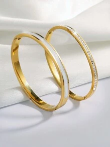 2pcs Fashionable Stainless Steel Oil Drop & Rhinestone Inlaid Bracelet, Perfect For Festivals And Ceremonies, No Fading - Gold - View 6