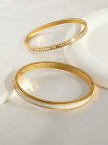 2pcs Fashionable Stainless Steel Oil Drop & Rhinestone Inlaid Bracelet, Perfect For Festivals And Ceremonies, No Fading - Gold - View 3