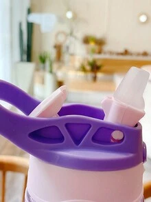 1入組帶手柄、吸管和鴨嘴蓋的兒童塑料運動水瓶,紫色