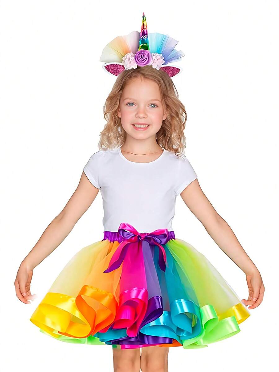 Falda Tutú de Ballet ArcoIris, Unicornio para Niña, Vestido de Tul Arcoiris con Diadema de Unicornio Bebé Niñas Traje de Ballet Traje para la Fiesta de Cumpleaños Fotografía Día de los Niños para Niños de 2 a 8 Años - Multicolor - Ver 1