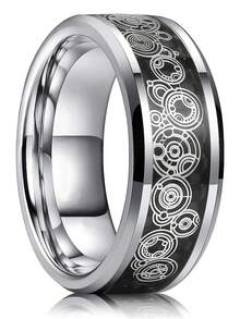 1pc Fashion 8mm Silver Color Stainless Steel Rings for Men Unique Pattern Inlay Black Carbon Fiber Rings Men Wedding Band Jewelry - Multicolor - View 1