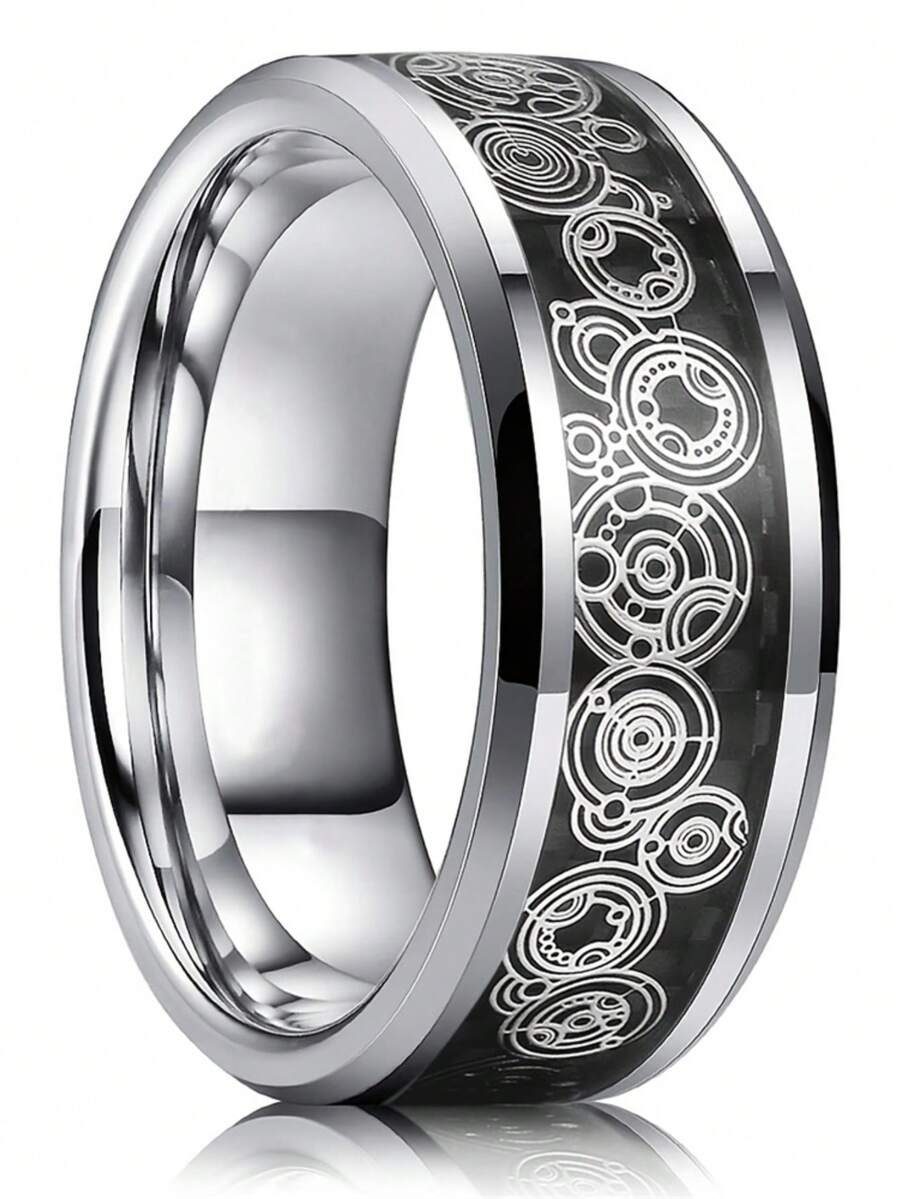 1pc Fashion 8mm Silver Color Stainless Steel Rings for Men Unique Pattern Inlay Black Carbon Fiber Rings Men Wedding Band Jewelry - Multicolor - View 1