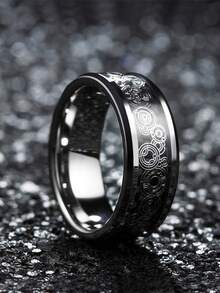 1pc Fashion 8mm Silver Color Stainless Steel Rings for Men Unique Pattern Inlay Black Carbon Fiber Rings Men Wedding Band Jewelry - Multicolor - View 2