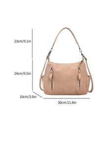 low tea 1pc Solid Color Pu Portable Zippered Chic Tote Bag Suitable For Women's Daily Use - Khaki - View 7