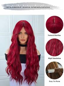 32-Inch Long Curly Wavy Red Wig With Bangs, Natural Looking, Heat-Resistant Fiber Material, Suitable For Girls' Halloween Party - Burgundy - View 6
