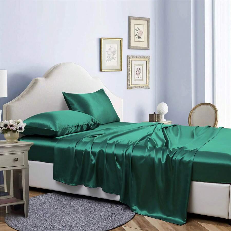 Bibb Home Silky Satin 4 Piece Sheet Set - 墨綠色 - View 1