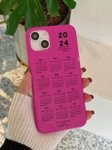 1套2024年曆月份印花亮面半透明糖果色手機殼,適用於iphone - 玫紅色 - 查看 2