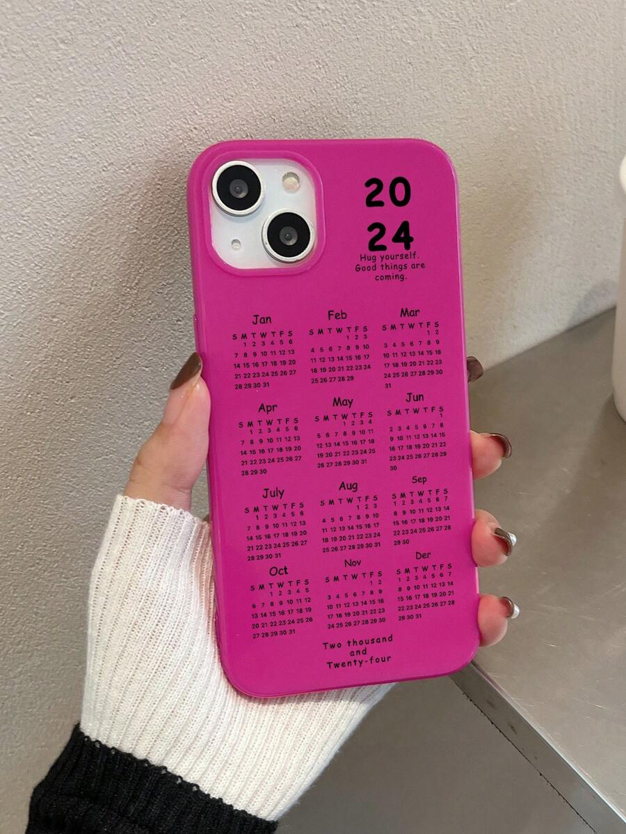 1套2024年曆月份印花亮面半透明糖果色手機殼,適用於iphone - 玫紅色 - 查看 1