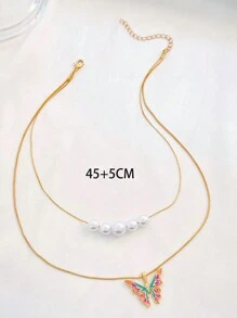 1 Pieza Collar De Mariposa Con Perlas De Doble Capa Con Estilo De Princesa Para Accesorios De Mujeres - Amarillo Oro - Ver 6