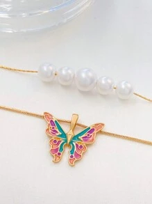 1 Pieza Collar De Mariposa Con Perlas De Doble Capa Con Estilo De Princesa Para Accesorios De Mujeres - Amarillo Oro - Ver 3