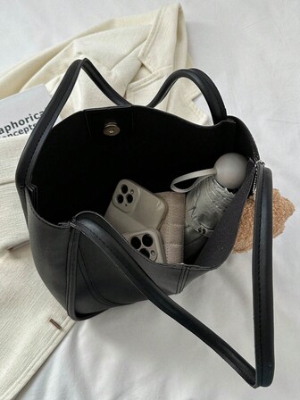 Ladies' Elegant And Versatile Pu Solid Color Stitching Large Capacity Tote Bag For Casual Occasions,Can Be Carried By Hand Or Shoulder,School Bag,Large Capacity,Portable,Classic Casual,Business Casual,For Teen Girls Women College Students,White-Collar Workers,Perfect For Work,Back To School,Middle School,High School,College,Vacation