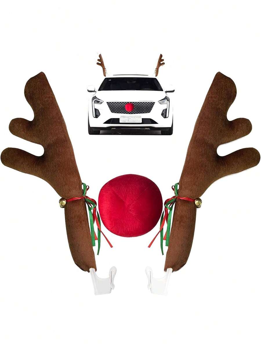 3入組鹿角與鼻子車用裝飾套件-窗戶頂部與格柵鹿角鈴鐺聖誕裝扮-汽車內飾套件