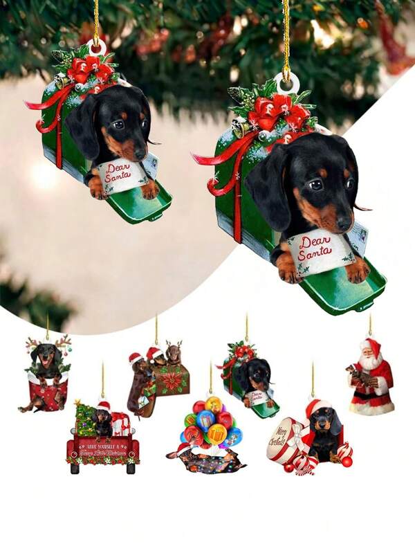 1pc Christmas Ornament, 2d Acrylic Sausage Dog & Christmas Tree