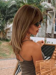 渐变棕色中长直发假发，带刘海，女士合成假发，时尚百搭，可搭配耐热天然头发，适合日常角色扮演派对 - 漸層 - 查看 1