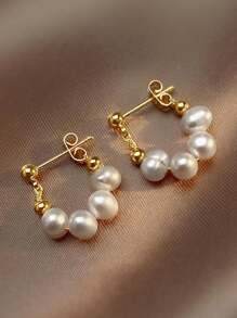 1pair Copper Alloy Baroque Faux Pearl Hoop Earrings - Yellow Gold - View 3