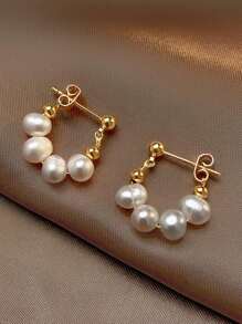 1pair Copper Alloy Baroque Faux Pearl Hoop Earrings - Yellow Gold - View 1