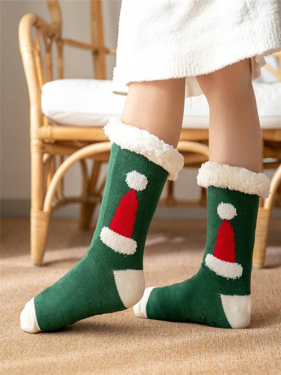 1雙女式聖誕帽提花地板袜,毛絨珊瑚絨保暖家居睡眠袜,地毯袜,中筒長度 - 彩色 - 查看 1