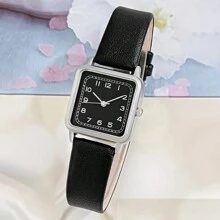 1 Pieza Reloj De Cuarzo Para Mujer Con Caja Cuadrada, Correa PU Y Diseño Simple - Negro - Ver 2