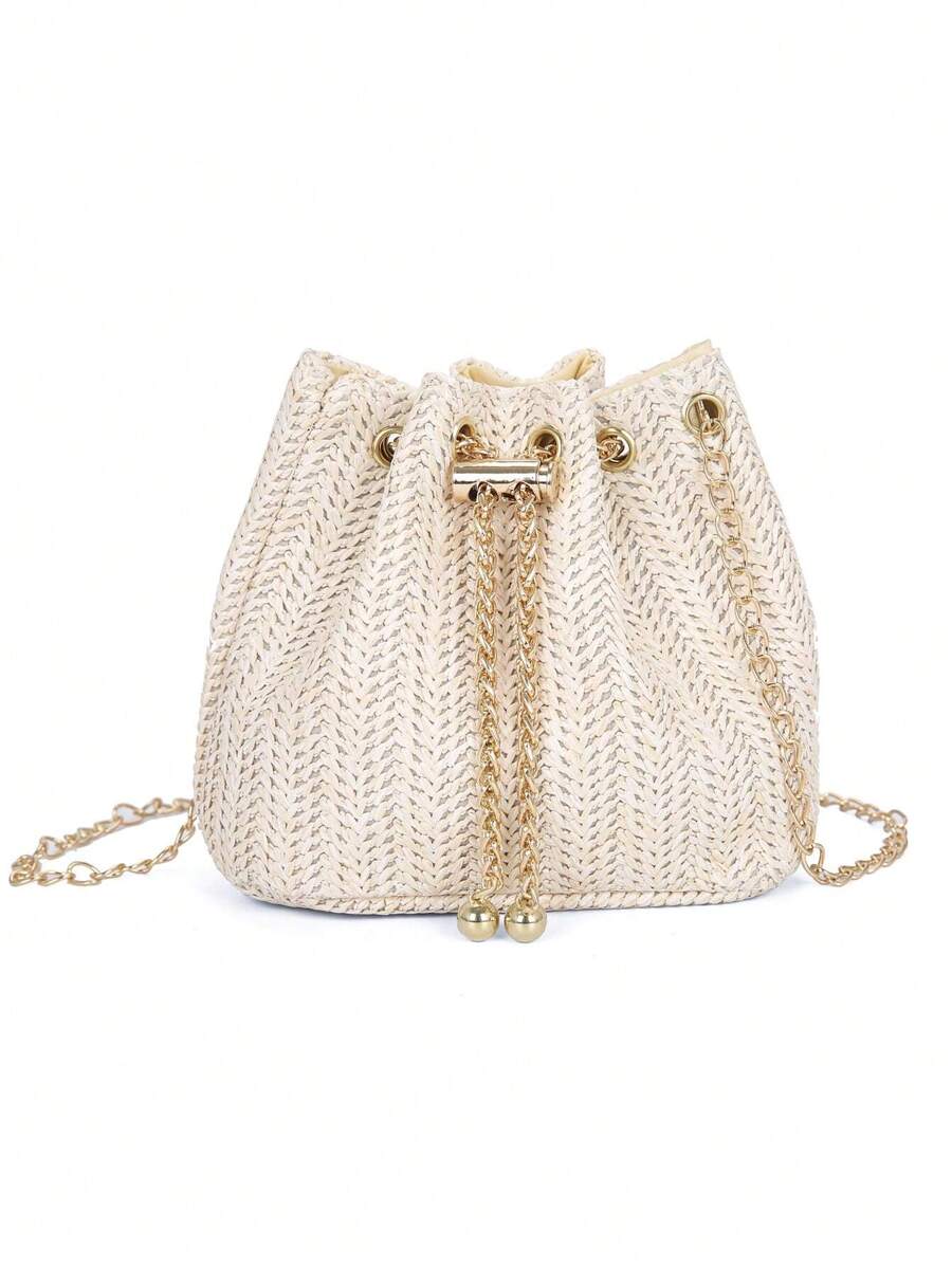 New Straw Shoulder Bag With Metal Chain, Fashion Straw Crossbody Bag With Metal Lock Clasp, Lightweight Minimalist Small Bag For Women, Fashionable Vacation Bag For Summer, Summer Straw Beach Bag For Women, Vacation Essentials, Perfect For Summer, Vacation & Beach