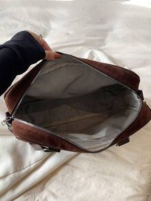 low tea 1pc Solid Color Suede Portable Zipper Closure Fashion Tote Bag For Women Daily Use - Coffee Brown - View 4