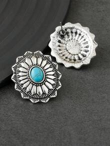 1對復古風格雕刻幾何形狀耳釘 - 復古銀色 - 查看 3